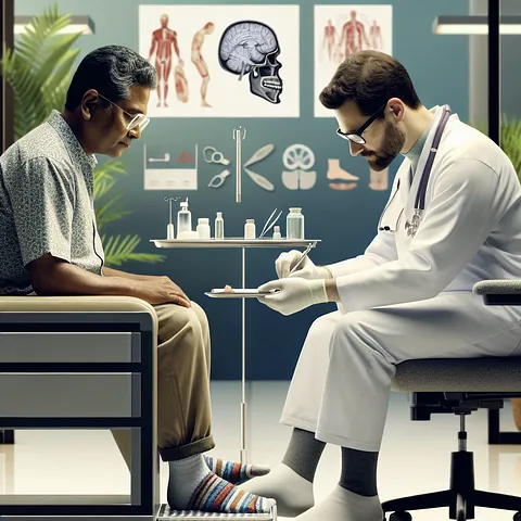Realistic image of podiatrist treating patient's foot.